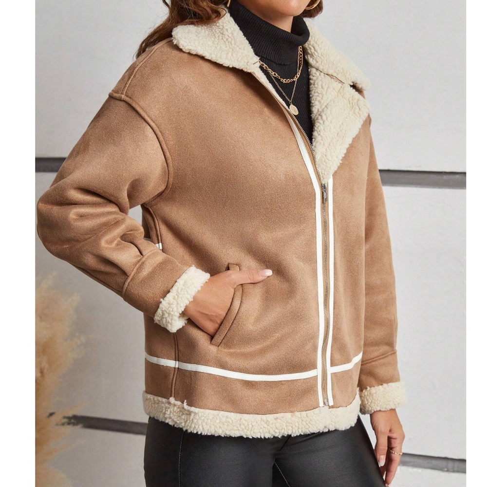 Luxe Vegan Suede Sherpa Lined Zip up Jacket Coat - Picture 8 of 9